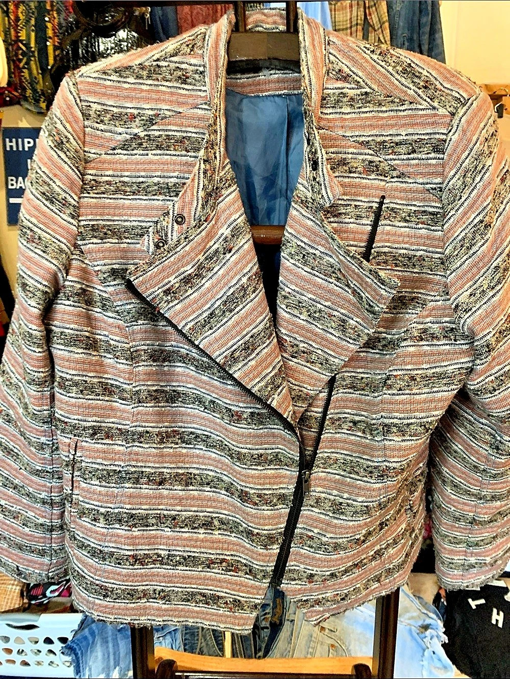 Love & Legend Striped Zip Front Blazer in Brown & Blue